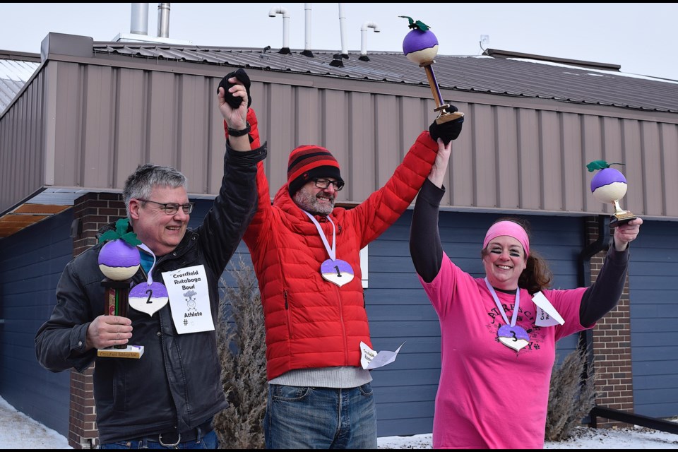 Bowlers competed for the podium at the third annual Rutabaga Bowl during Feb FoodFest at the Crossfield Market on Feb. 24. First, second, and third place finishers in the kids and adults categories took home rutabaga trophies and rutabaga shaped medals. 