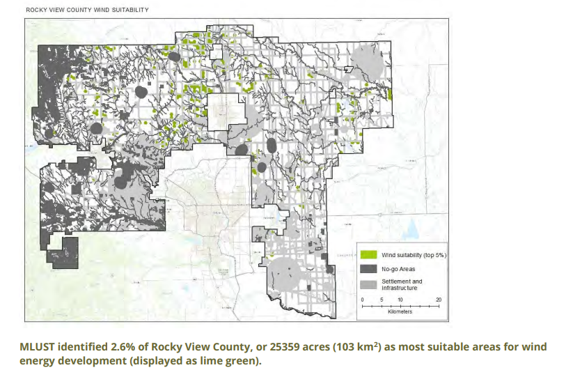 Areas in green identified by the County's new mapping tool as being most suitable for wind power generation development.