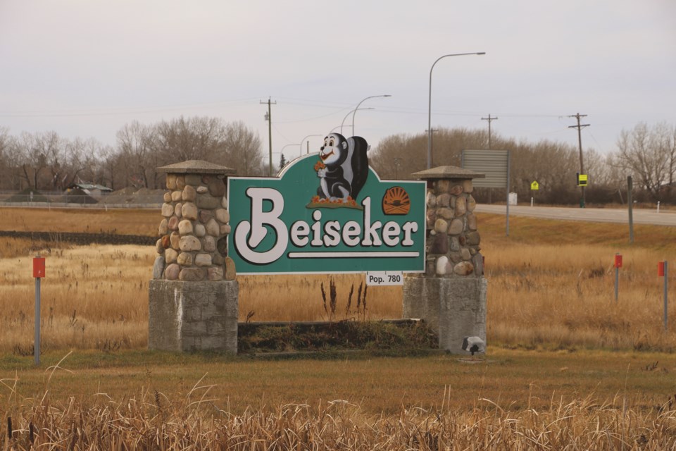 Beiseker's mascot 'Squirt' the skunk is pictured on the village's welcome sign in Rocky View County on Oct. 25. 