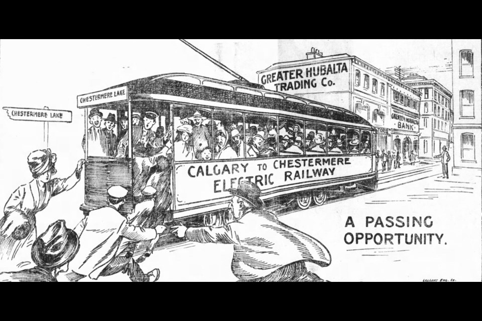 This illustration was part of a full-page ad promoting lot sales in greater Hubalta along the Chestermere and Calgary Suburban Railway line as seen in the Calgary Herald on Oct. 29, 1910. 