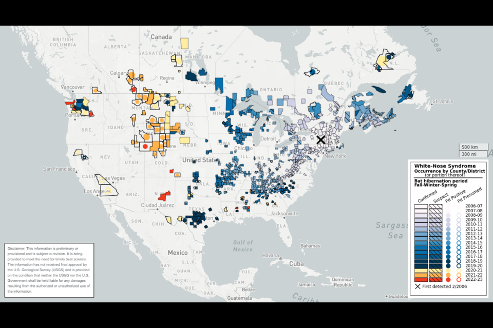 A map of white-nose syndrome detections.