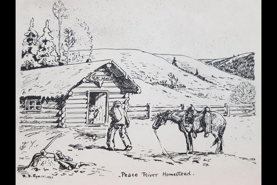 A Peace River homestead, as illustrated by Robert David Symons. 