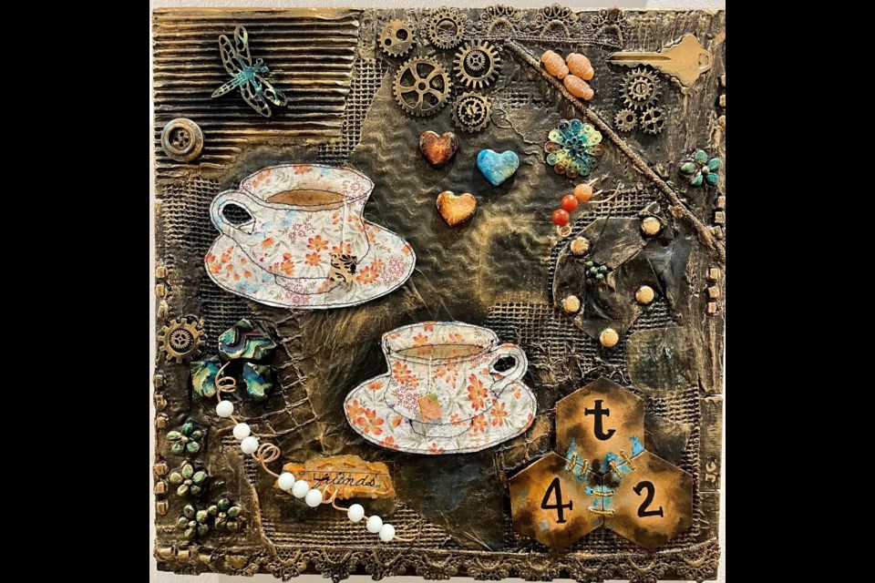 Tea for Two, mixed media on wood by Julene Gunther