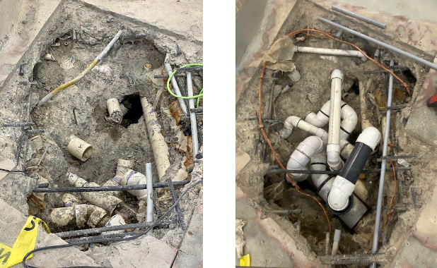 Hot tub piping before repairs with broken pipes removed (left) and after repairs. (Supplied)