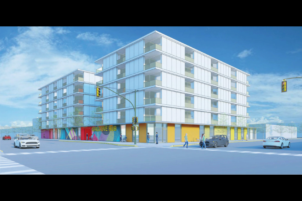 Exterior rendering, stand-alone facility with residential at 100 and 100.