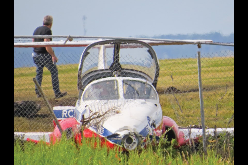 An initial investigation has determined that an improperly installed oil filter was the cause of a Canadian Snowbirds jet crash in a field south of the North Peace Regional Airport on Aug. 2, 2022. (Submitted)