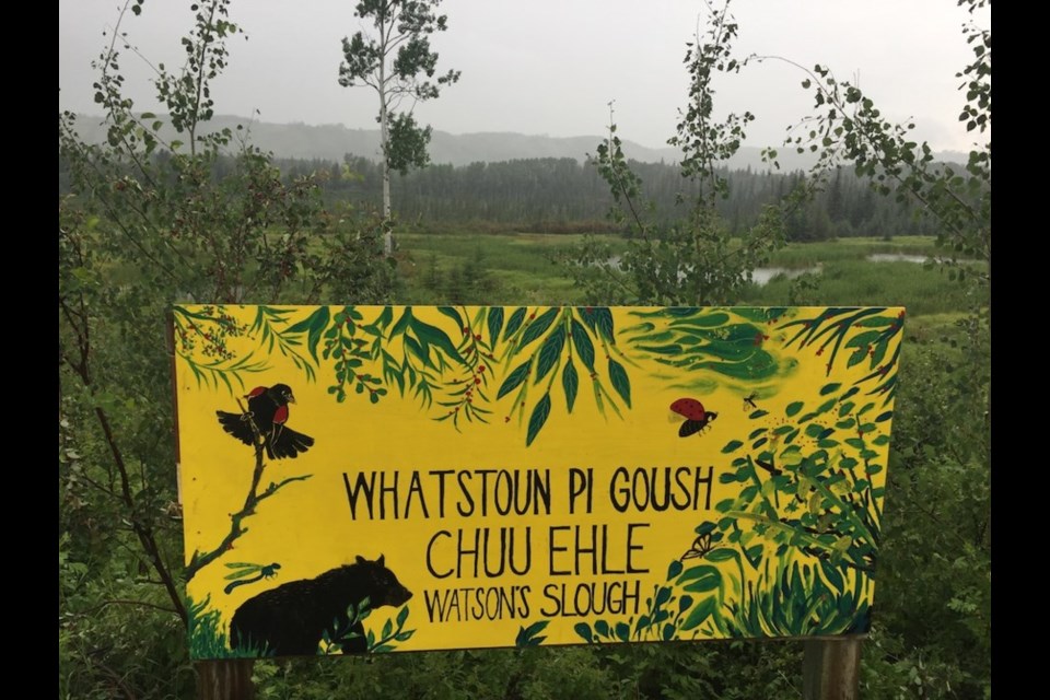 Watson Slough. In 2019, a group of Emily Carr University art students designed and installed a sign with the indigenous name. 