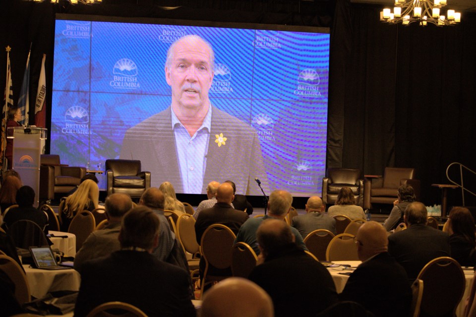 B.C. Premier John Horgan welcomes delegates , via video message to the annual North Central Local Government Association’s (NCLGA) annual conference in Fort St. John, May 4, the first time since 2019 that the event has been held in person.