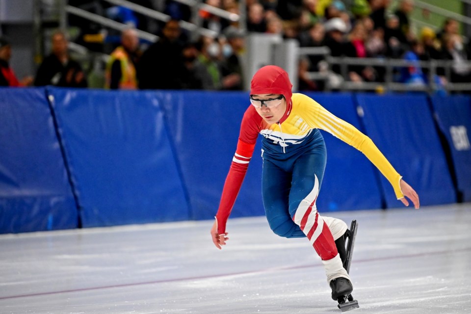 Max Wu races during the 2023 Canadian Youth Long Track speed skating championships in Fort St. John.
