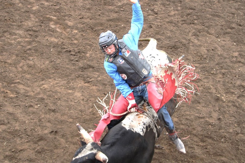 Fort St. John bull rider Jacob Gardner rides the full eight seconds to earn an 86 score at the 2022 Dawson Creek Stampede.