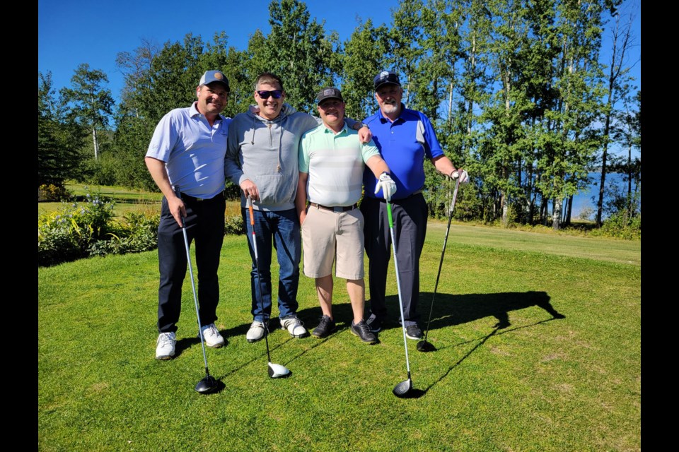 From left: Jason Atkins, Shawn Ward, Blair Wandler and Cam Allen tee off to start the long-awaited 58th Annual Oilmen’s Golf Tournament at Lakepoint, September 2, 2021. This year’s event was a one-day scramble instead of the traditional three-day format. 