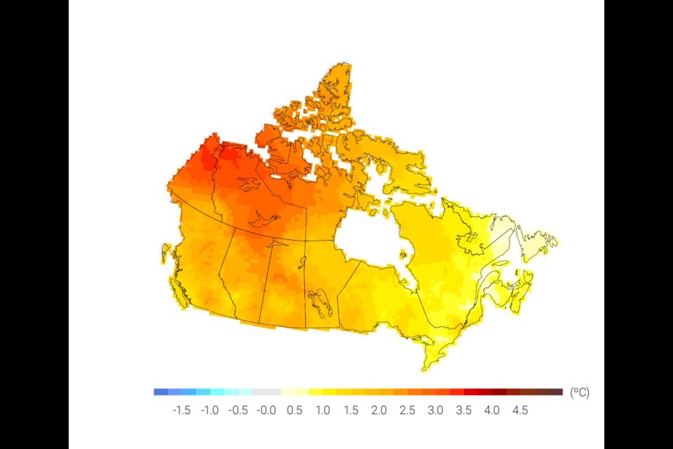 This shows the observed changes in annual temperature across Canada between 1948 and 2016. Canada’s climate has warmed and will warm further (see the next graph), driven by human influences, mostly carbon dioxide emissions from burning fossil fuels and changes in the land surface (land clearing for agriculture, urbanization, etc.) Both past and future warming in Canada are, on average, about double that of global warming, and Northern Canada will warm even more than double the global rate. Massive reductions in emissions over the next twenty years can slow and then reverse the warming. (Canada’s Changing Climate Report, June 2021.)