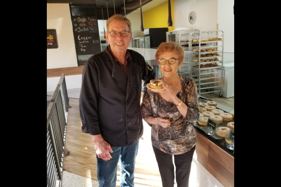 Destination Doughnuts owner Arlyn Sturwold and 'brand ambassador' Bessie Diggins at their Sunday morning post. Photo: Ashley Geddes