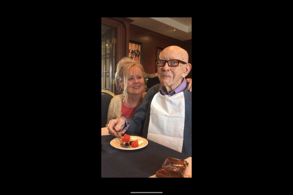 Moira Quigg Lee and her father, James Quigg, enjoy a restaurant meal in 2019, just a few weeks before he passed away. Lee has high praise for the end of life doula she hired for the final few months of her dad's life. Photo supplied