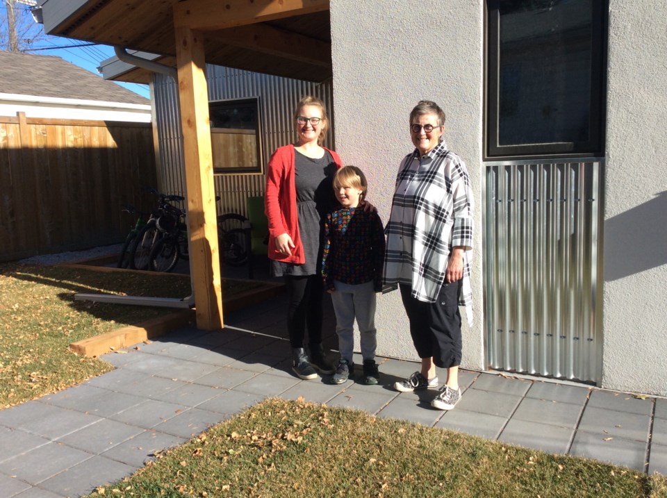 Carillon Cameron (right) with her daughter Jane Purvis and grandson Archie outside Carillon&#8217;s garden suite.