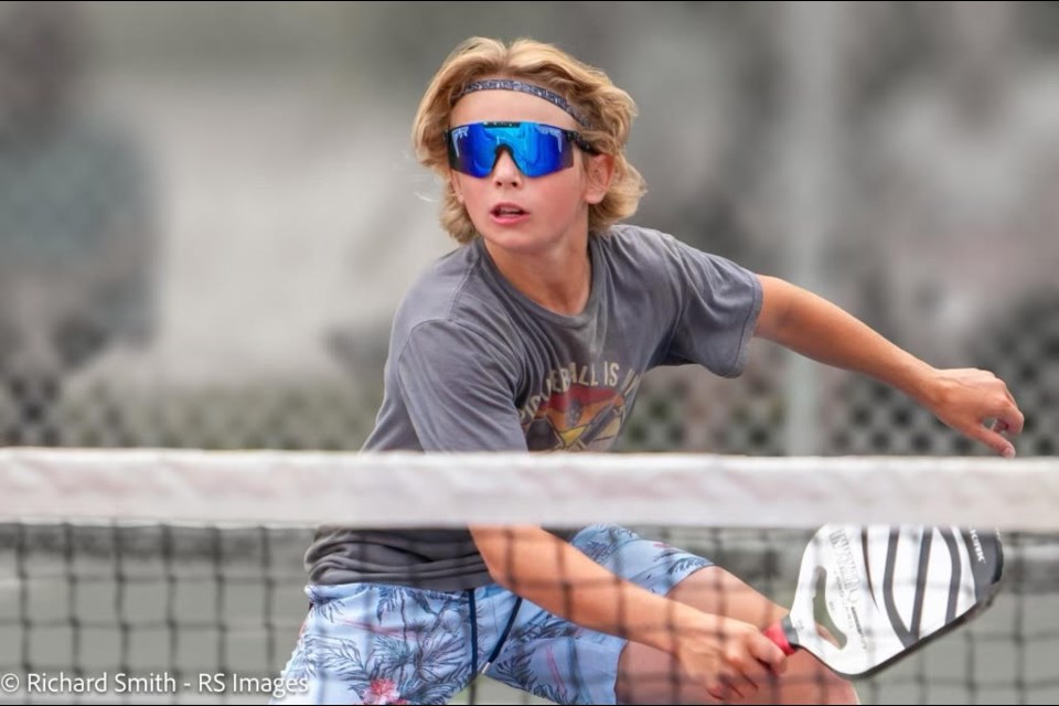 Jacob Bolkowy,13, makes a play during action at St. Albert's Alpine Pickleball Courts. Photo supplied.