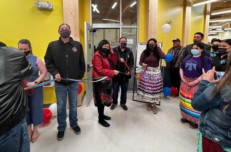 From left: Glenda Bristow, Frog Lake Education Authority Superintendent of Learning; cutting ribbon is Cliffton Cross, Frog Lake First Nations Councillor; Chantelle Desjarlais, Frog Lake Library Manager. Photo supplied by Mary Jane Quinney.