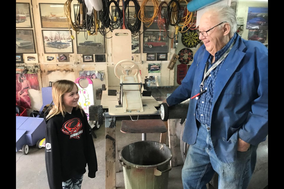  Madeline Hughes, 9, will be entering the St. Albert Soapbox Derby for the first time this year thanks to Gary Poff, a long-time volunteer cart builder and technician with the organizing group. Photo; Gary Poignant