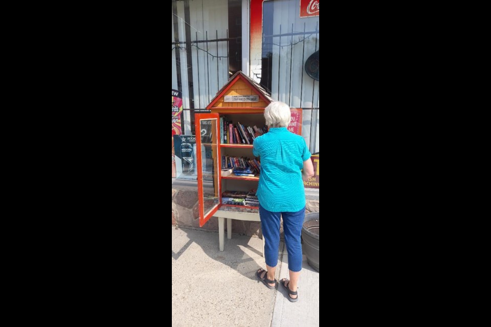 Sandra Hines checks out the little free library near Montgomery Legion Place in Edmonton. Photo submitted.