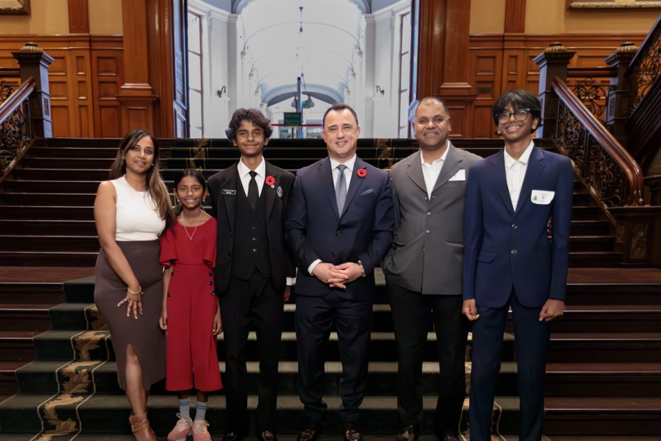 The Goel family with Aurora—Oak Ridges—Richmond Hill MPP Michael Parsa. Pictured is mother Veenu (left), Roshni, and Rishabh Goel, Michael Parsa, and Vinay and Rohan Goel.