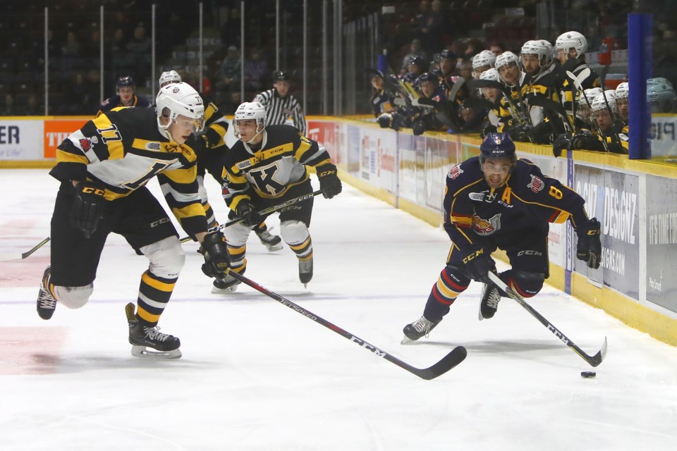 Barrie Colts forward Lucas Chiodo chases after a loose puck against the Kingston Frontenacs during the first game of their OHL playoff series at the Barrie Molson Centre on Wednesday, April 4, 2018. Kevin Lamb for BarrieToday.