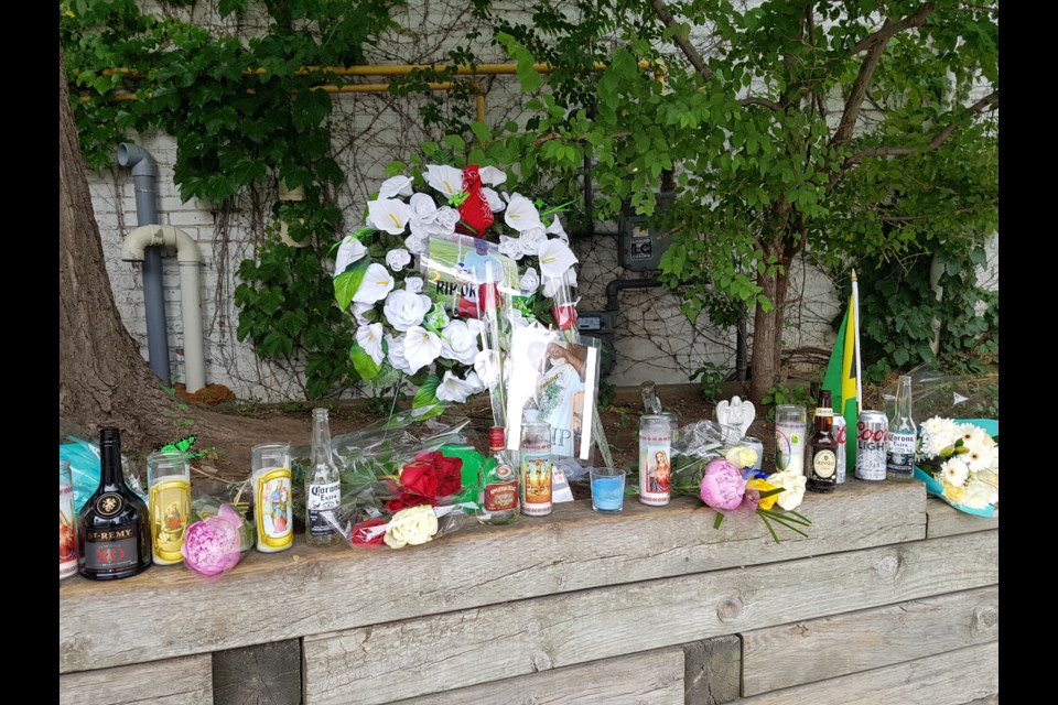 A memorial for Olando Brown has been set up on Bayfield Street just south of Dunlop Street. Shawn Gibson for BarrieToday