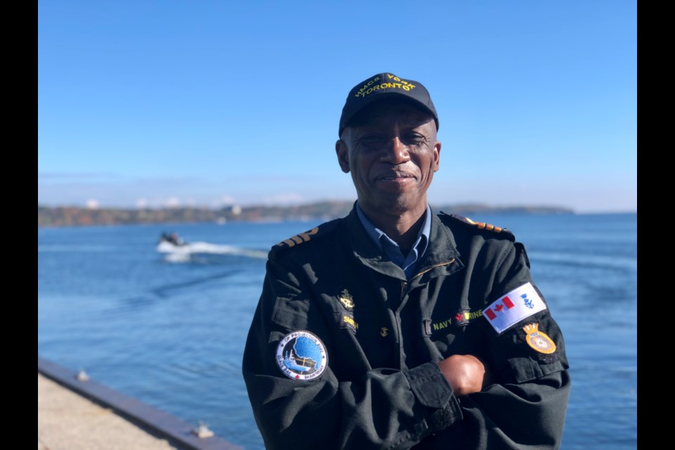 Ontario naval reservists were training off Barrie's shores on Saturday and Sunday. Paul Smith, commanding officer of HMCS York of Toronto, was on hand answering questions from curious onlookers.