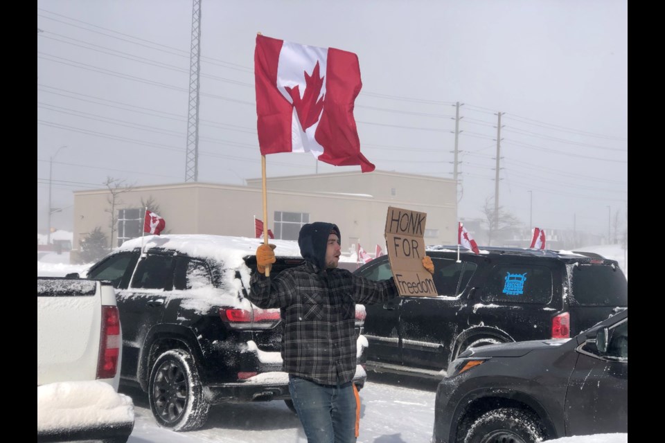 Protesters gathered for the fourth consecutive week at the parking lot at Barrie's Sadlon Arena to demonstrate against pandemic mandates.