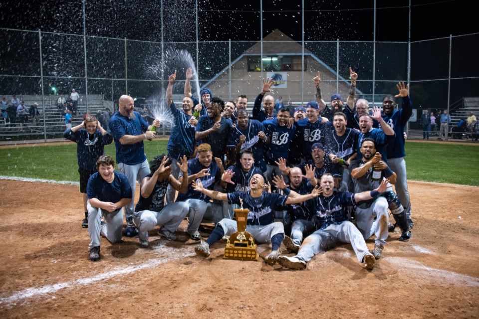 The 2018 Intercounty Baseball League champion Barrie Baycats following their Game 6 victory in Kitchener, Thursday night. Photo by Brian Backland