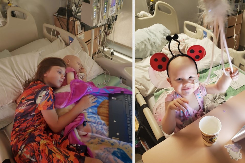 Left: Nine-year-old Owen Posie keeps his little sister Abby, 3, company in her hospital bed. Right: Abby Posie is in great spirits despite undergoing challenging cancer treatments.