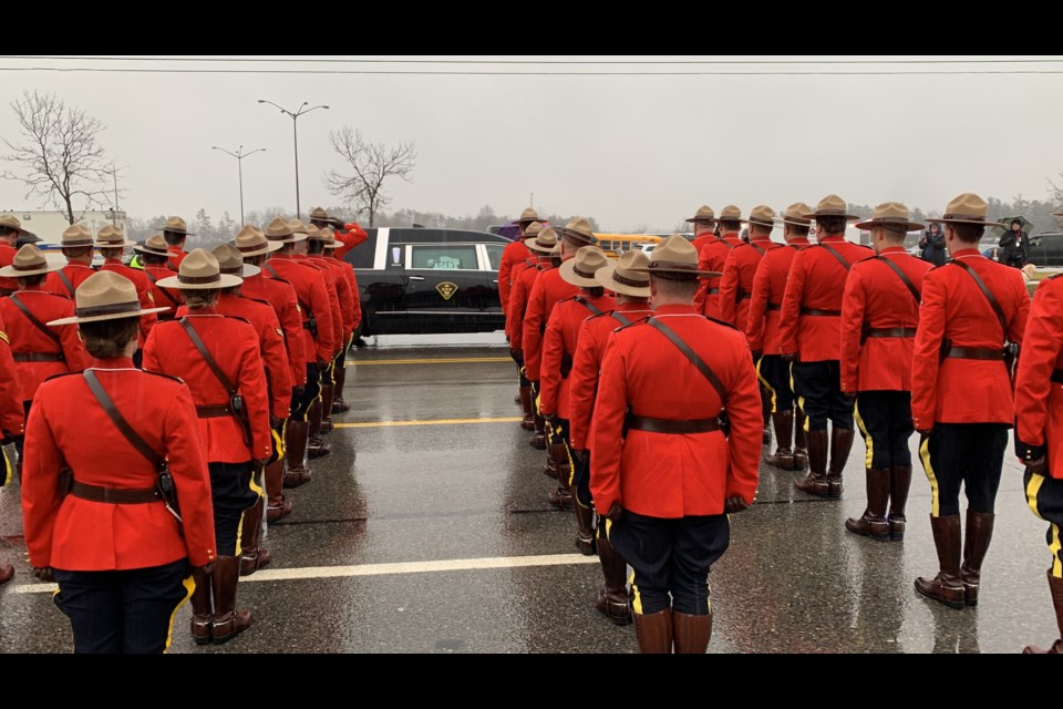 More than 7,500 police from various police services attended a funeral in Barrie on Jan. 4, 2023 for OPP Const. Grzegorz (Greg) Pierzchala, who was shot and killed on Dec. 27, 2022 while responding to a call for a vehicle in a ditch west of Hagersville, Ont. 