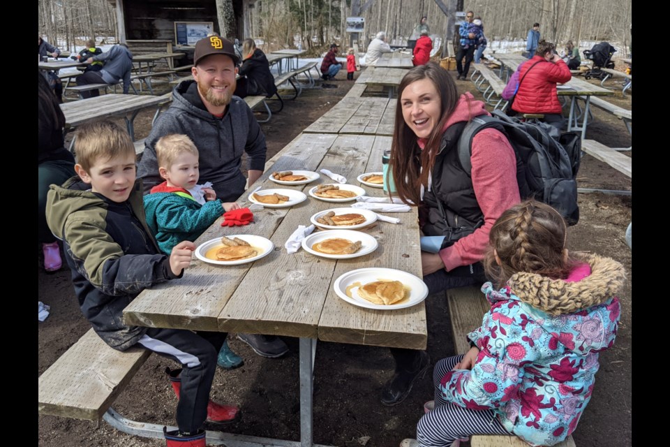 Enjoying a pancake breakfast at the Spring Tonic Maple Syrup Festival on Saturday are, from left, Austin Kotsopoulos, Bryce Santia, Alex Santia, Kristen Kotsopoulos and Zoe Kotsopoulos.