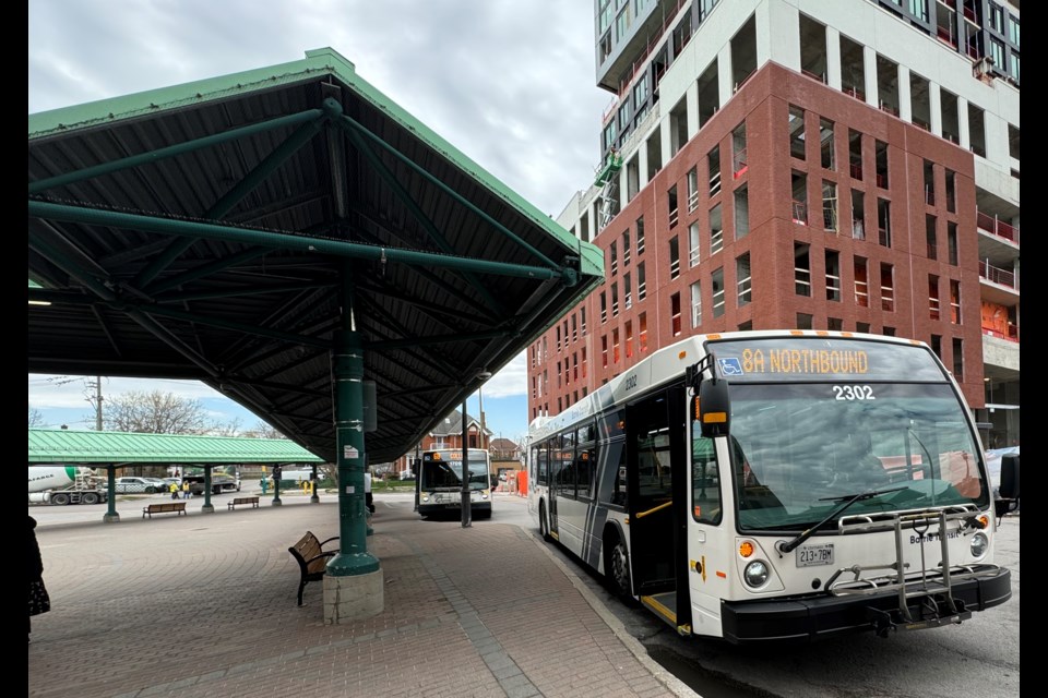 A bus waits at the downtown Barrie Bus Terminal.