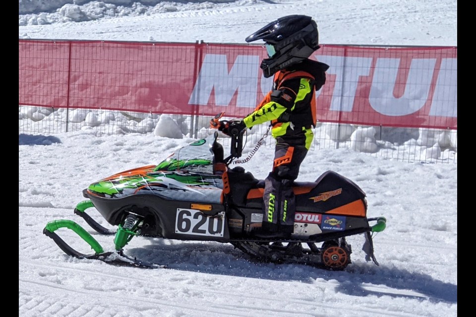 Jacob Meyer, 6, approaches the starting line at Sunday's snowcross races at Horseshoe Resort.