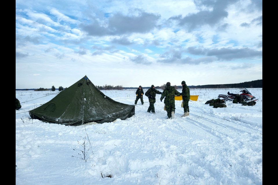 Members of the 4th Canadian Division Arctic Response Company Group deploy to the Canadian Forces Base Borden training area in preparation for Operation Nanook-Nunalivut during Exercise Arrowhead Chill on Feb. 4, 2023. 