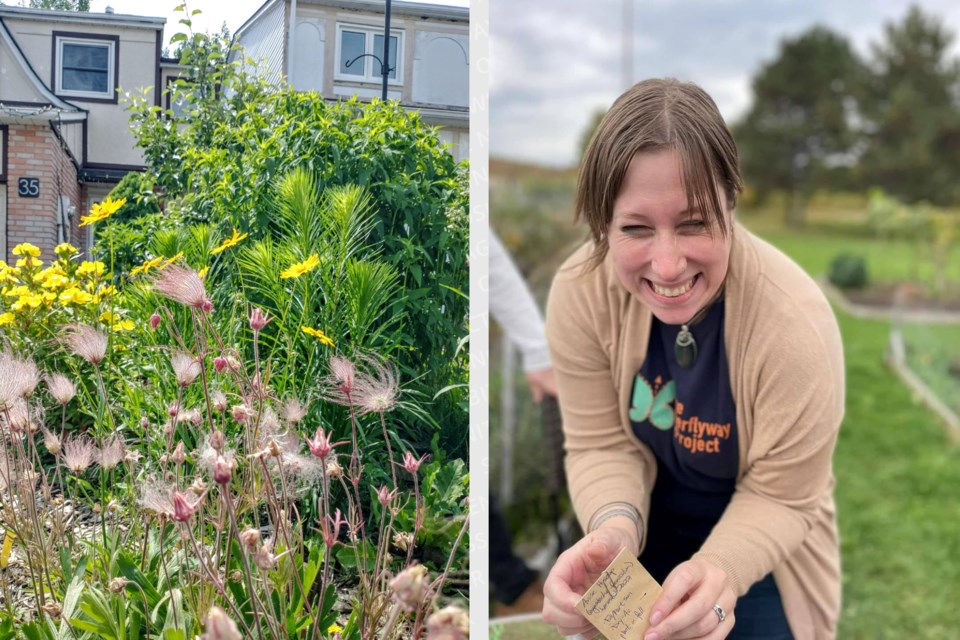 Left: Ashley Hammell's front yard, a native garden with 45-plus native species, in June 2022. Right: Ashley Hammell at the inaugural Native Seed Swap in October 2022.