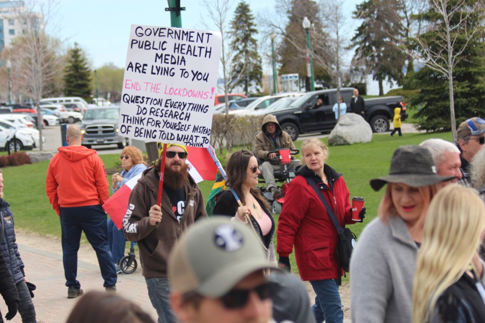 Around 200 people attended Saturday's anti-lockdown protest in Barrie, which started at Meridian Place and made it's way to Centennial Park. 