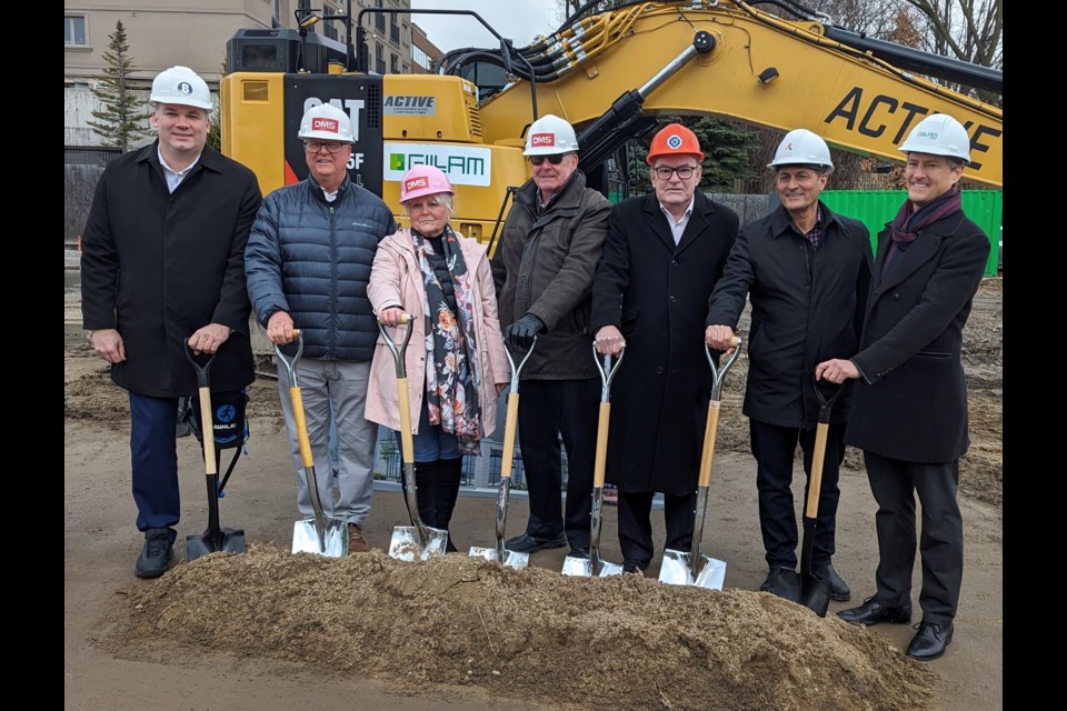 From left, Barrie Mayor Alex Nuttall, Coral board member Brian Tamblyn Coral president Tina Grant and other board members at Friday's groundbreaking for affordable housing at 115 Bayfield St. in Barrie.