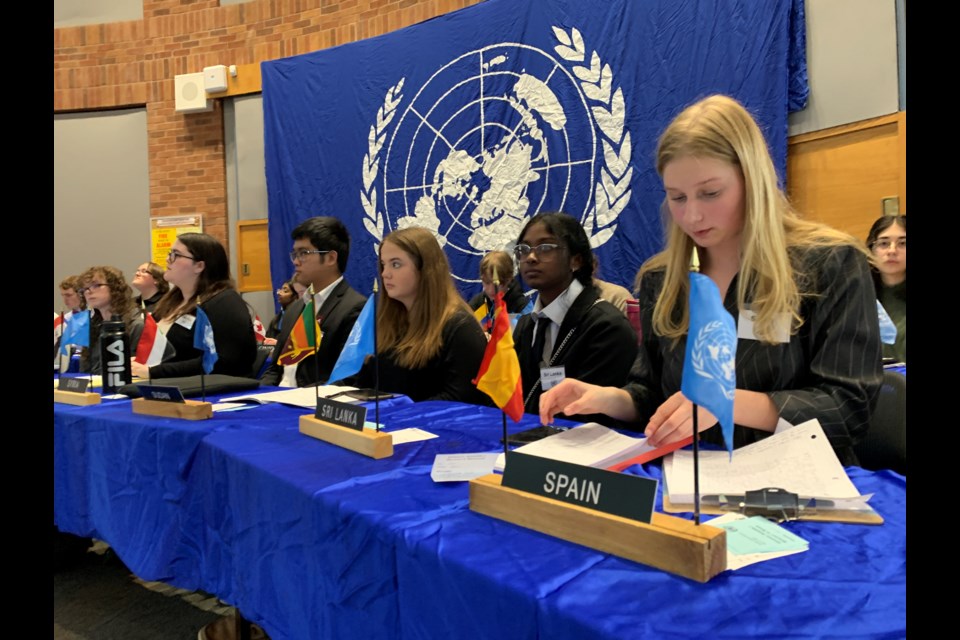 More than 100 students from seven high schools in Simcoe County participated in the 34th annual Model UN at the Simcoe County District School Board Education Centre on May 5, 2023 .