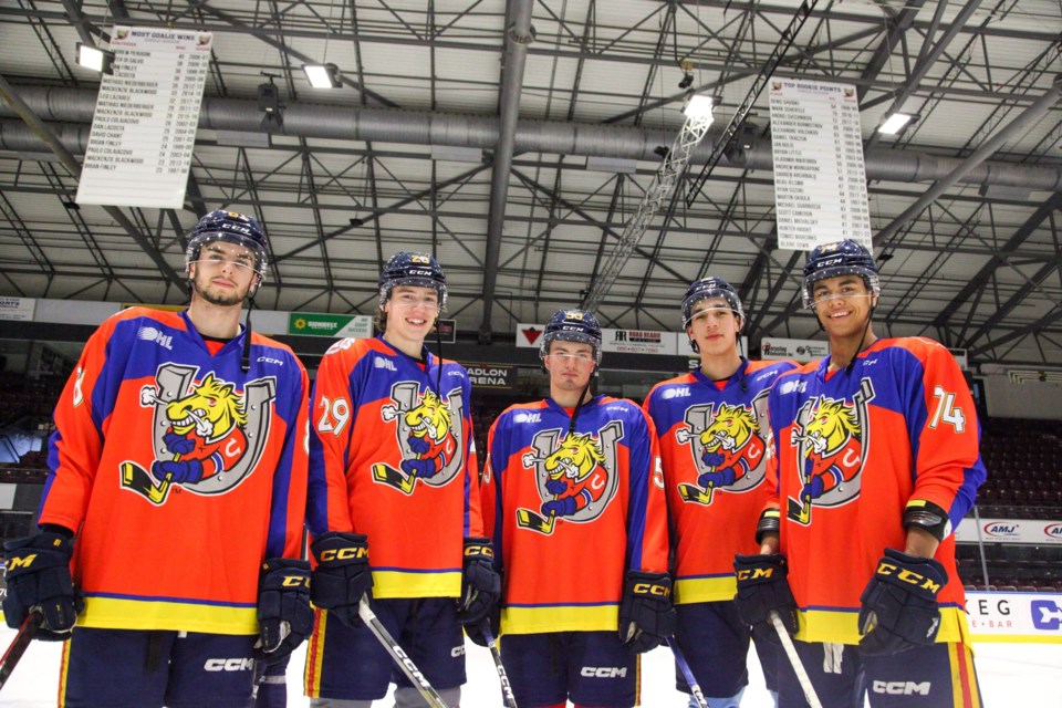 Players from the Barrie Colts don jerseys showcasing the winning design from last year's contest in support of PC Children's Charity.