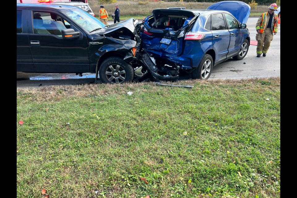 No serious injuries were reported following this three-vehicle crash on Friday, Oct. 7 in south-end Barrie. However, an Oro-Medonte man has been charged with impaired. 