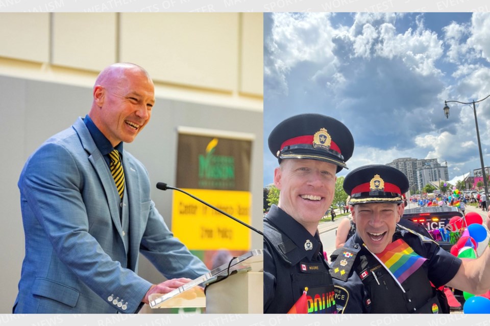Rich Johnston will become Barrie Police Service's 13th chief on Dec. 22, 2022. Left: Johnston gives a presentation on evidence-based policing. Right: Rich Johnston takes part in the City of Barrie's Pride Parade with fellow members of the local police force.