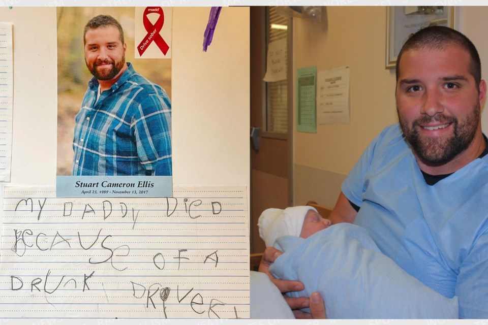 Left: A school project by the son of Stuart Ellis. Right: Stuart Ellis holding his first-born child, Grayson, in September 2016.
