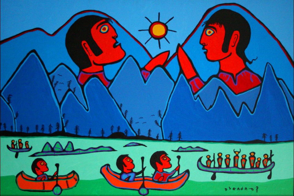 'Mountain Giants' — permissions granted by the Norval Morrisseau Estate, OfficialMorrisseau.com.