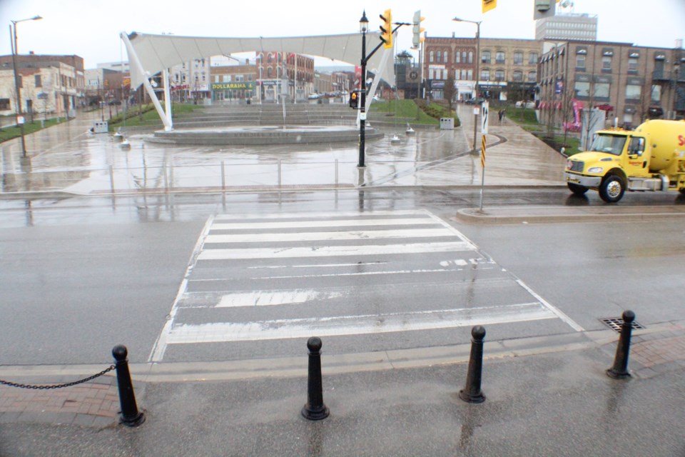 The crosswalk between Meridian Place and Heritage Park will be painted in a rainbow pattern. Raymond Bowe/BarrieToday