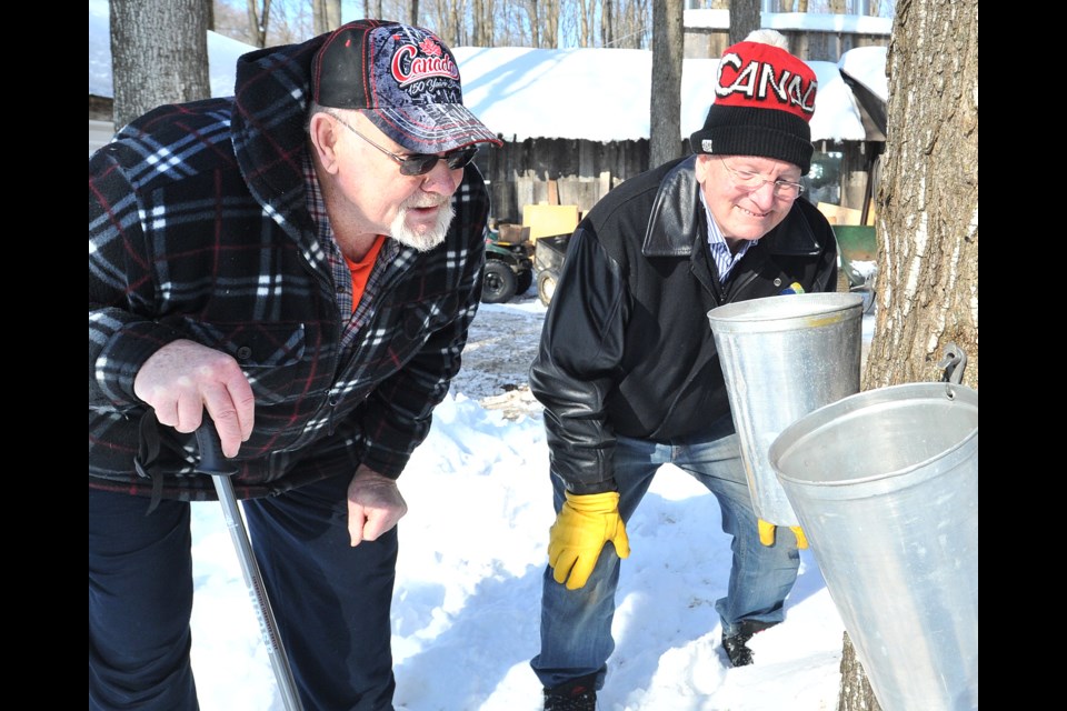 Chris Ellsmere, of the Steamy Kettle Sugarbush at Craighurst, left, and Oro-Medonte Township Mayor Harry Hughes were anticipating this season's batch of maple syrup at the sugar shack of the Hutchinson family's operation on Line 5 North on Saturday. Ian McInroy for OrilliaMatters