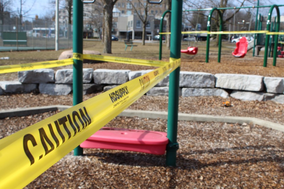 This file photo shows the playground equipment at Queen's Park in downtown Barrie cordoned off with caution tape. It's now one of the parks slated to reopen on Friday, July 17. Raymond Bowe/BarrieToday