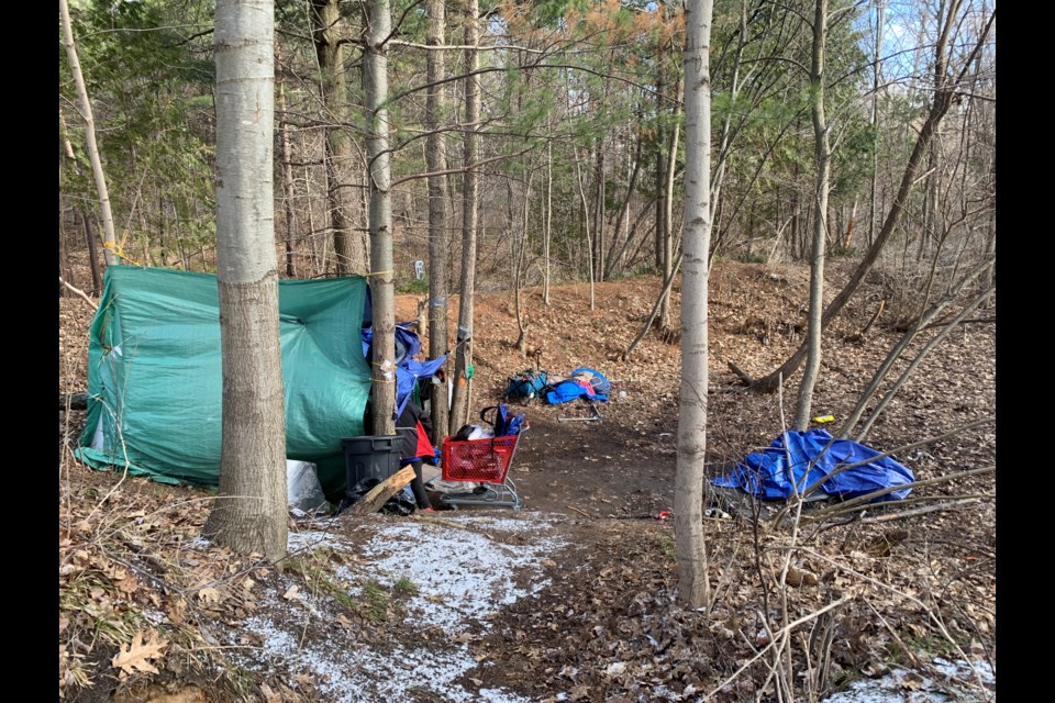 A homeless encampment at Milligan's Pond in Barrie is shown in a file photo. 