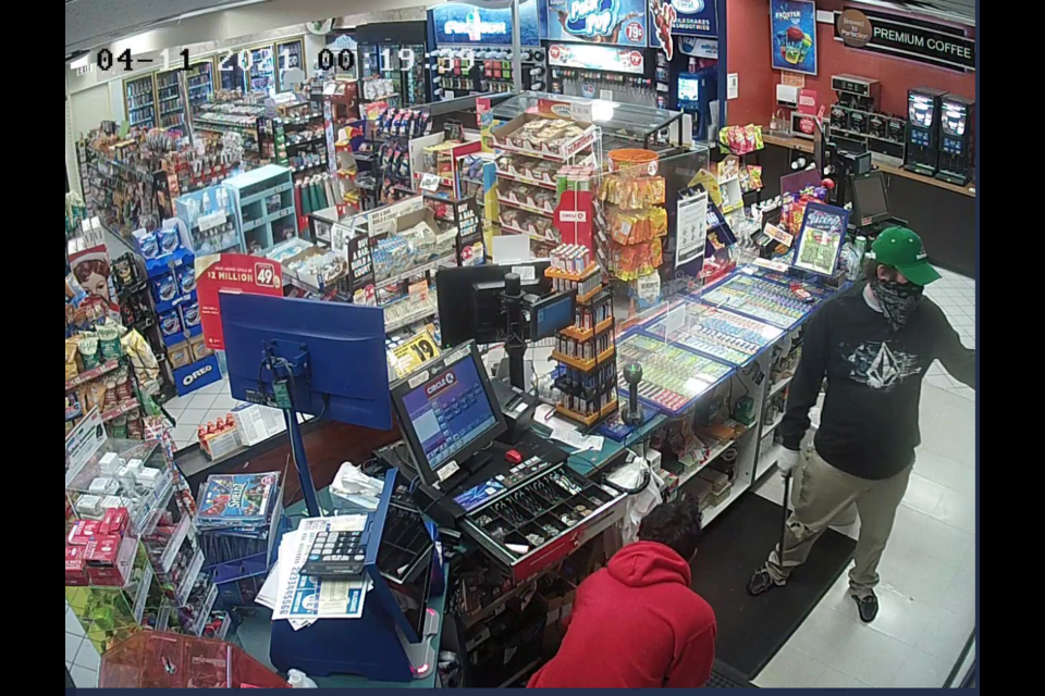 Barrie police are searching for the man in the green hat after the Circle K store on St. Vincent Street was robbed at knifepoint for the second time in less than two weeks.