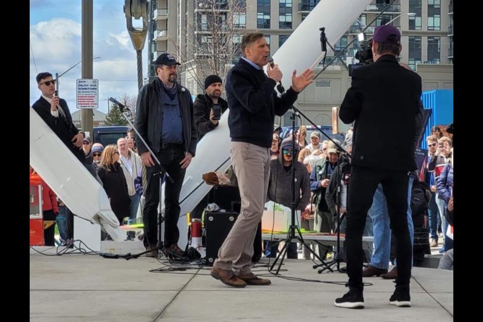 People's Party of Canada leader Maxime Bernier speaks to the crowd at a 'freedom rally' at Meridian Place in downtown Barrie on Saturday, April 17, 2021. 